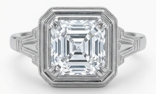 6.00 CT Lab Grown Diamond Lab-Grown Ring in White Gold: An exceptional 6.00 carat lab-grown lab grown diamond ring, expertly crafted in luxurious White Gold. The asscher cut in an art deco stepped bezel setting design highlights the brilliance of the lab-g