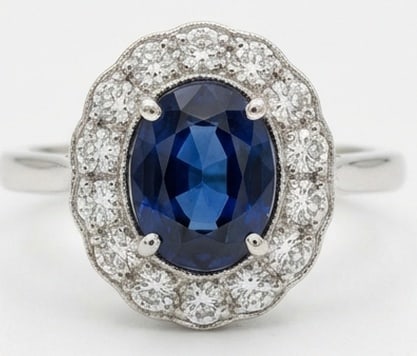 5.00 CT Sapphire Lab-Grown Ring in White Gold: An exceptional 5.00 carat lab-grown sapphire ring, expertly crafted in luxurious White Gold. The oval cut sapphire with a scalloped floral diamond halo design highlights the brilliance of the lab-grow