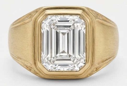 8.00 CT Lab Grown Diamond Lab-Grown Ring in Yellow Gold: An exceptional 8.00 carat lab-grown lab grown diamond ring, expertly crafted in luxurious Yellow Gold. The emerald cut in a wide signet/gypsy bezel with grooved shoulders design highlights the