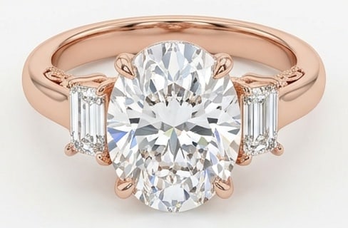 4.00 CT Lab Grown Diamond Lab-Grown Ring in Rose Gold: An exceptional 4.00 carat lab-grown lab grown diamond ring, expertly crafted in luxurious Rose Gold. The oval cut center with emerald cut side stones (three-stone) design highlights the brilliance of