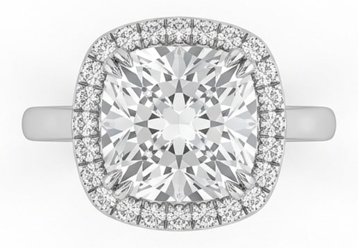 6.00 CT Lab Grown Diamond Lab-Grown Ring in White Gold: An exceptional 6.00 carat lab-grown lab grown diamond ring, expertly crafted in luxurious White Gold. The cushion cut with a delicate diamond halo and plain band design highlights the brilliance of