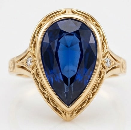 10.00 CT Sapphire Lab-Grown Ring in Yellow Gold: An exceptional 10.00 carat lab-grown sapphire ring, expertly crafted in luxurious Yellow Gold. The pear cut sapphire in a vintage bezel setting with accents design highlights the brilliance of the lab