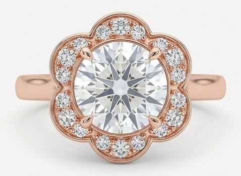 4.00 CT Lab Grown Diamond Lab-Grown Ring in Rose Gold: An exceptional 4.00 carat lab-grown lab grown diamond ring, expertly crafted in luxurious Rose Gold. The round cut in a scalloped/floral halo bezel setting design highlights the brilliance of the