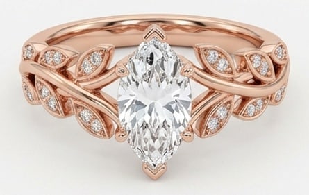 3.00 CT Lab Grown Diamond Lab-Grown Ring in Rose Gold: An exceptional 3.00 carat lab-grown lab grown diamond ring, expertly crafted in luxurious Rose Gold. The marquise cut in a nature-inspired vine and leaf pavé setting design highlights the