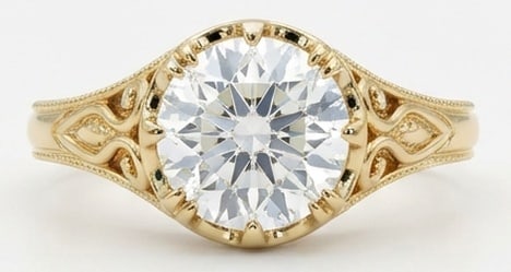 6.00 CT Lab Grown Diamond Lab-Grown Ring in Yellow Gold: An exceptional 6.00 carat lab-grown lab grown diamond ring, expertly crafted in luxurious Yellow Gold. The round cut in a vintage low-profile scrollwork setting design highlights the brilliance of