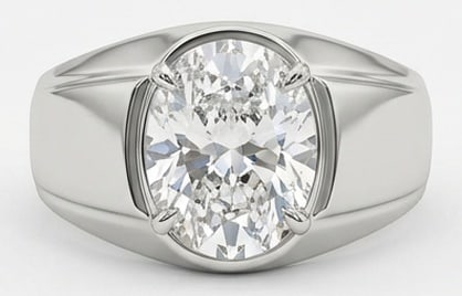 4.00 CT Lab Grown Diamond Lab-Grown Ring in White Gold: An exceptional 4.00 carat lab-grown lab grown diamond ring, expertly crafted in luxurious White Gold. The oval cut in a heavy, wide "gypsy" flush mount setting design highlights the brilliance of the