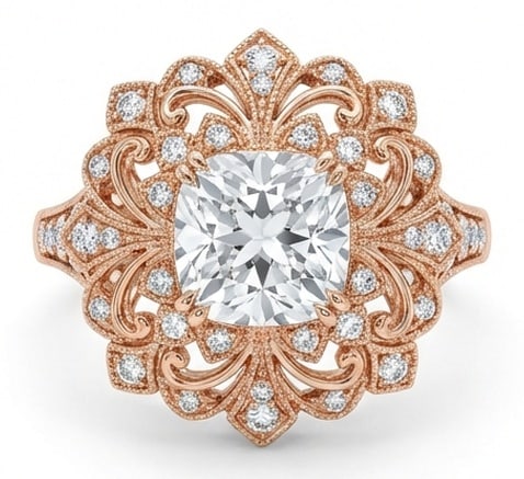 3.00 CT Lab Grown Diamond Lab-Grown Ring in Rose Gold: An exceptional 3.00 carat lab-grown lab grown diamond ring, expertly crafted in luxurious Rose Gold. The cushion cut in an elaborate vintage filigree/mandala halo design highlights the brilliance of