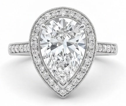 8.00 CT Lab Grown Diamond Lab-Grown Ring in White Gold: An exceptional 8.00 carat lab-grown lab grown diamond ring, expertly crafted in luxurious White Gold. The pear cut with a diamond halo and pavé set band design highlights the brilliance of the