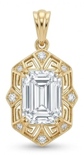 3.00 CT Lab Grown Diamond Lab-Grown Pendant in Yellow Gold: An exceptional 3.00 carat lab-grown lab grown diamond pendant, expertly crafted in luxurious Yellow Gold. The emerald cut in an art deco geometric octagonal halo design highlights the brilliance of