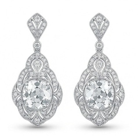 4.00 CT Lab Grown Diamond Lab-Grown Earring in White Gold: An exceptional 4.00 carat lab-grown lab grown diamond earring, expertly crafted in luxurious White Gold. The art deco style cushion cut drop with elaborate filigree design highlights the brilliance