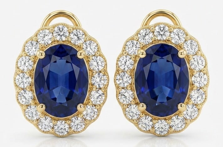 6.00 CT Sapphire Lab-Grown Earring in Yellow Gold: An exceptional 6.00 carat lab-grown sapphire earring, expertly crafted in luxurious Yellow Gold. The oval cut sapphire studs with scalloped diamond halo design highlights the brilliance of the lab-gro