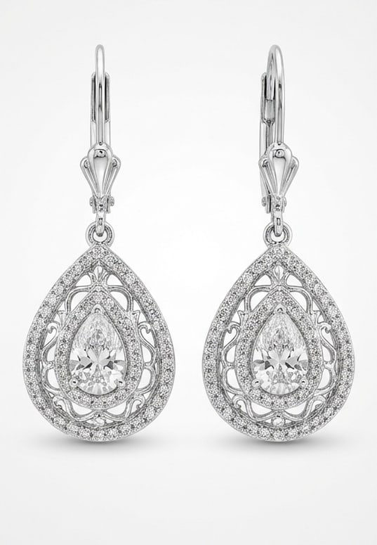 4.00 CT Lab Grown Diamond Lab-Grown Earring in White Gold: An exceptional 4.00 carat lab-grown lab grown diamond earring, expertly crafted in luxurious White Gold. The pear cut drop in a vintage openwork/filigree frame design highlights the brilliance of the