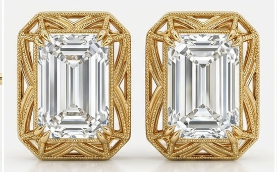3.00 CT Lab Grown Diamond Lab-Grown Earring in Yellow Gold: An exceptional 3.00 carat lab-grown lab grown diamond earring, expertly crafted in luxurious Yellow Gold. The emerald cut studs in an intricate gold geometric/filigree frame design highlights the bril