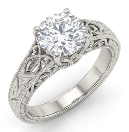 4.00 CT Lab Grown Diamond Lab-Grown Ring in White Gold: An exceptional 4.00 carat lab-grown lab grown diamond ring, expertly crafted in luxurious White Gold. The round brilliant cut solitaire with vintage engraved shoulders design highlights the brilliance