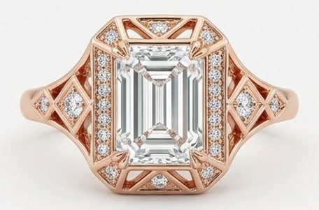 4.00 CT Lab Grown Diamond Lab-Grown Ring in Rose Gold: An exceptional 4.00 carat lab-grown lab grown diamond ring, expertly crafted in luxurious Rose Gold. The emerald cut in an art deco geometric octagonal halo design highlights the brilliance of the lab
