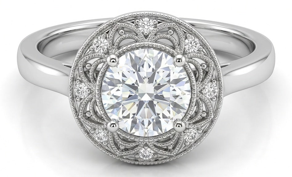 2.00 CT Lab Grown Diamond Lab-Grown Ring in White Gold: An exceptional 2.00 carat lab-grown lab grown diamond ring, expertly crafted in luxurious White Gold. The round cut in a vintage openwork halo design design highlights the brilliance of the lab-grown
