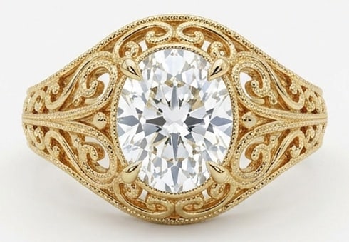 4.00 CT Lab Grown Diamond Lab-Grown Ring in Yellow Gold: An exceptional 4.00 carat lab-grown lab grown diamond ring, expertly crafted in luxurious Yellow Gold. The oval cut in an intricate vintage gold scrollwork setting design highlights the brilliance of