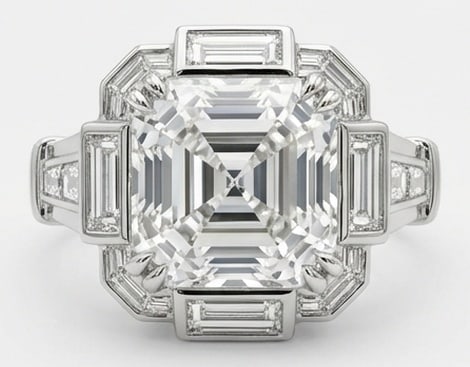 5.00 CT Lab Grown Diamond Lab-Grown Ring in White Gold: An exceptional 5.00 carat lab-grown lab grown diamond ring, expertly crafted in luxurious White Gold. The asscher/square emerald cut with geometric baguette halo (art deco) design highlights the brill