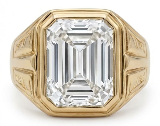 10.00 CT Lab Grown Diamond Lab-Grown Ring in Yellow Gold: An exceptional 10.00 carat lab-grown lab grown diamond ring, expertly crafted in luxurious Yellow Gold. The emerald cut in a wide signet/gypsy bezel with grooved shoulders design highlights the brilli