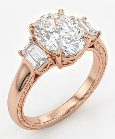 6.00 CT Lab Grown Diamond Lab-Grown Ring in Rose Gold: An exceptional 6.00 carat lab-grown lab grown diamond ring, expertly crafted in luxurious Rose Gold. The oval cut three-stone with emerald/baguette side stones design highlights the brilliance of the