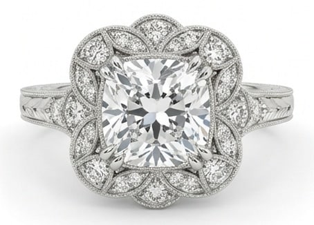 4.00 CT Lab Grown Diamond Lab-Grown Ring in White Gold: An exceptional 4.00 carat lab-grown lab grown diamond ring, expertly crafted in luxurious White Gold. The cushion cut in a vintage floral/clover halo setting design highlights the brilliance of the la