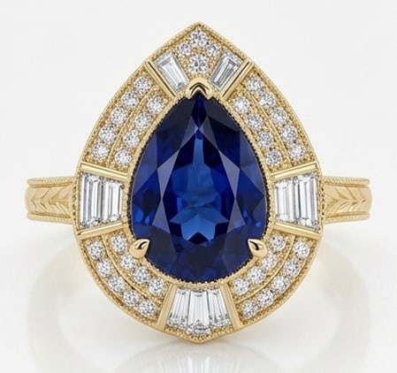 5.00 CT Sapphire Lab-Grown Ring in Yellow Gold: An exceptional 5.00 carat lab-grown sapphire ring, expertly crafted in luxurious Yellow Gold. The pear cut sapphire with art deco baguette and round halo design highlights the brilliance of the lab-gr