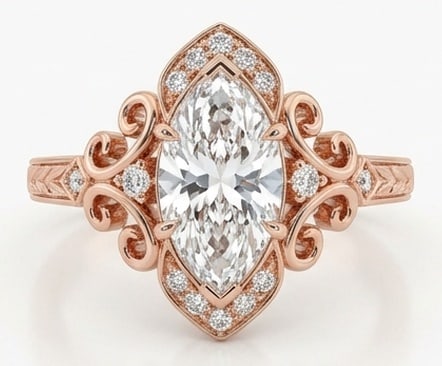 4.00 CT Lab Grown Diamond Lab-Grown Ring in Rose Gold: An exceptional 4.00 carat lab-grown lab grown diamond ring, expertly crafted in luxurious Rose Gold. The marquise cut in an elaborate vintage filigree setting design highlights the brilliance of the l