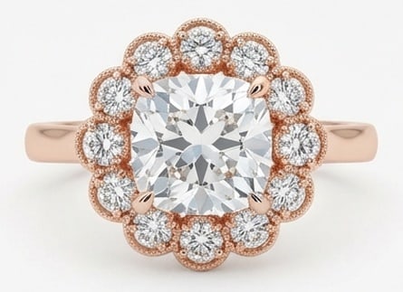 4.00 CT Lab Grown Diamond Lab-Grown Ring in Rose Gold: An exceptional 4.00 carat lab-grown lab grown diamond ring, expertly crafted in luxurious Rose Gold. The cushion cut in a scalloped floral diamond halo design highlights the brilliance of the lab-grow