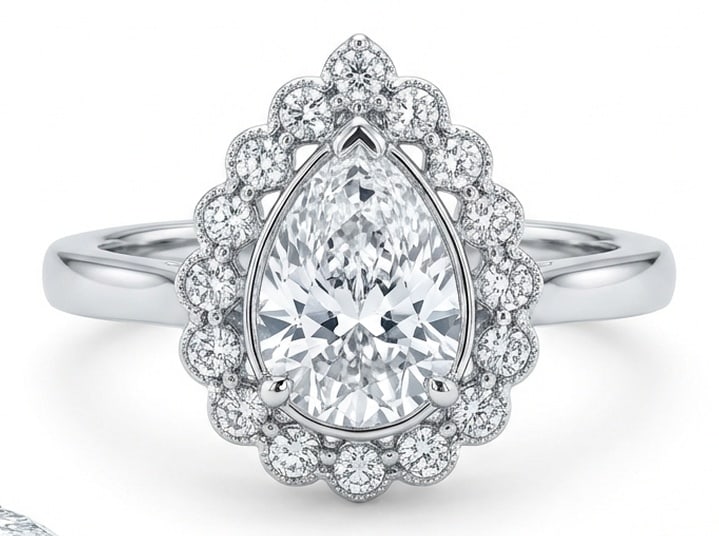 3.00 CT Lab Grown Diamond Lab-Grown Ring in White Gold: An exceptional 3.00 carat lab-grown lab grown diamond ring, expertly crafted in luxurious White Gold. The pear cut in a scalloped floral diamond halo design highlights the brilliance of the lab-grown