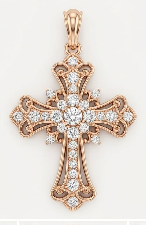 2.00 CT Lab Grown Diamond Lab-Grown Pendant in Rose Gold: An exceptional 2.00 carat lab-grown lab grown diamond pendant, expertly crafted in luxurious Rose Gold. The cross design with round cuts and vintage filigree details design highlights the brilliance o