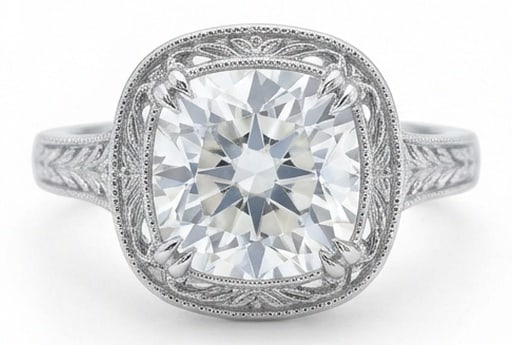 6.00 CT Lab Grown Diamond Lab-Grown Ring in White Gold: An exceptional 6.00 carat lab-grown lab grown diamond ring, expertly crafted in luxurious White Gold. The cushion cut solitaire with vintage engraved shoulders design highlights the brilliance of the