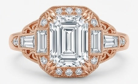 4.00 CT Lab Grown Diamond Lab-Grown Ring in Rose Gold: An exceptional 4.00 carat lab-grown lab grown diamond ring, expertly crafted in luxurious Rose Gold. The emerald cut art deco style with baguette and round accents design highlights the brilliance of