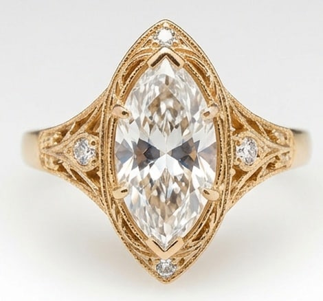 4.00 CT Lab Grown Diamond Lab-Grown Ring in Yellow Gold: An exceptional 4.00 carat lab-grown lab grown diamond ring, expertly crafted in luxurious Yellow Gold. The marquise cut in a vintage filigree setting with diamond accents design highlights the brillia