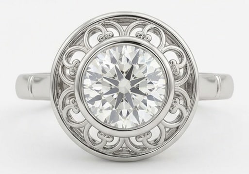 3.00 CT Lab Grown Diamond Lab-Grown Ring in White Gold: An exceptional 3.00 carat lab-grown lab grown diamond ring, expertly crafted in luxurious White Gold. The round cut bezel set in a vintage openwork metal halo design highlights the brilliance of the l