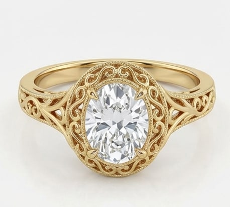 4.00 CT Lab Grown Diamond Lab-Grown Ring in Yellow Gold: An exceptional 4.00 carat lab-grown lab grown diamond ring, expertly crafted in luxurious Yellow Gold. The oval cut bezel set in an intricate vintage gold scrollwork halo design highlights the brillia