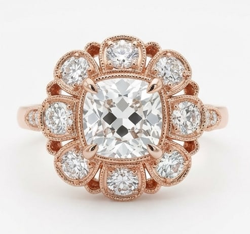 3.00 CT Lab grown diamond Lab-Grown Ring in Rose gold: An exceptional 3.00 carat lab-grown lab grown diamond ring, expertly crafted in luxurious Rose gold. The cushion cut with floral halo design highlights the brilliance of the lab-grown center stone, ac