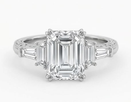 8.00 CT Lab grown diamond Lab-Grown Ring in White Gold: An exceptional 8.00 carat lab-grown lab grown diamond ring, expertly crafted in luxurious White Gold. The emerald cut three-stone design highlights the brilliance of the lab-grown center stone, accent