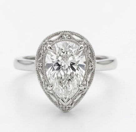 5.00 CT Lab grown diamond Lab-Grown Ring in White Gold: An exceptional 5.00 carat lab-grown lab grown diamond ring, expertly crafted in luxurious White Gold. The pear cut with vintage halo design highlights the brilliance of the lab-grown center stone, acc