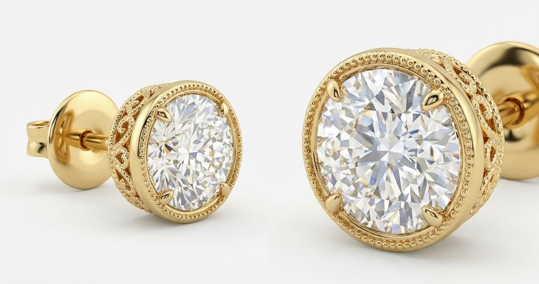 3.00 CT Lab grown diamond Lab-Grown Earring in Yellow gold: An exceptional 3.00 carat lab-grown lab grown diamond earring, expertly crafted in luxurious Yellow gold. The bezel set with filigree detail design highlights the brilliance of the lab-grown center st