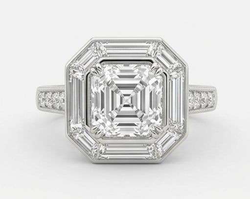 4.00 CT Lab grown diamond Lab-Grown Ring in White Gold: An exceptional 4.00 carat lab-grown lab grown diamond ring, expertly crafted in luxurious White Gold. The asscher cut with baguette halo design highlights the brilliance of the lab-grown center stone,