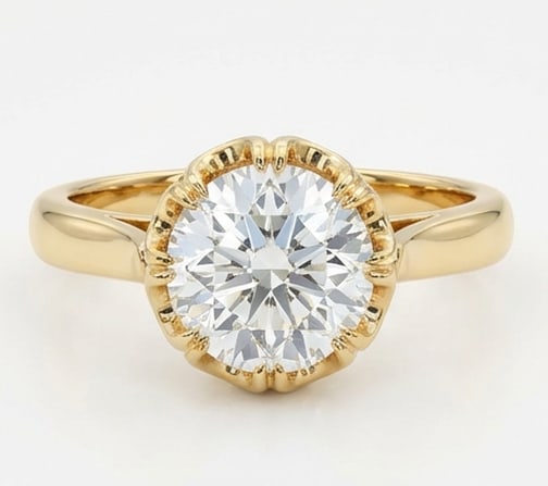 6.00 CT Lab grown diamond Lab-Grown Ring in Yellow gold: An exceptional 6.00 carat lab-grown lab grown diamond ring, expertly crafted in luxurious Yellow gold. The round solitaire with scalloped basket design highlights the brilliance of the lab-grown cente