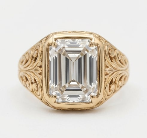 8.00 CT Lab grown diamond Lab-Grown Ring in Yellow gold: An exceptional 8.00 carat lab-grown lab grown diamond ring, expertly crafted in luxurious Yellow gold. The emerald cut bezel vintage style design highlights the brilliance of the lab-grown center ston
