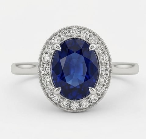10.00 CT Sapphire Lab-Grown Ring in White Gold: An exceptional 10.00 carat lab-grown sapphire ring, expertly crafted in luxurious White Gold. The oval cut with diamond halo design highlights the brilliance of the lab-grown center stone, accented wi