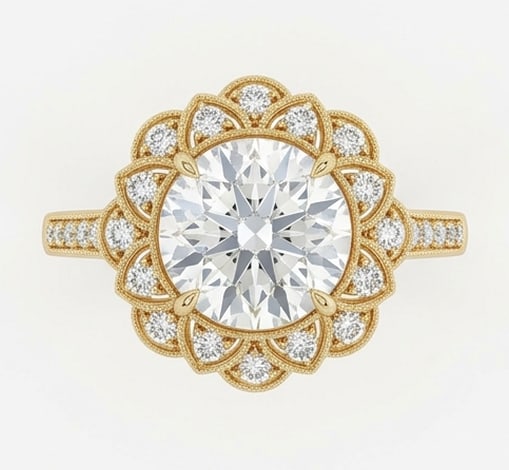 4.00 CT Lab grown diamond Lab-Grown Ring in Yellow gold: An exceptional 4.00 carat lab-grown lab grown diamond ring, expertly crafted in luxurious Yellow gold. The round cut vintage floral halo design highlights the brilliance of the lab-grown center