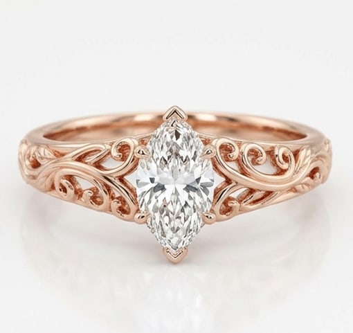 2.00 CT Lab grown diamond Lab-Grown Ring in Rose gold: An exceptional 2.00 carat lab-grown lab grown diamond ring, expertly crafted in luxurious Rose gold. The marquise cut vintage filigree design highlights the brilliance of the lab-grown center stone,