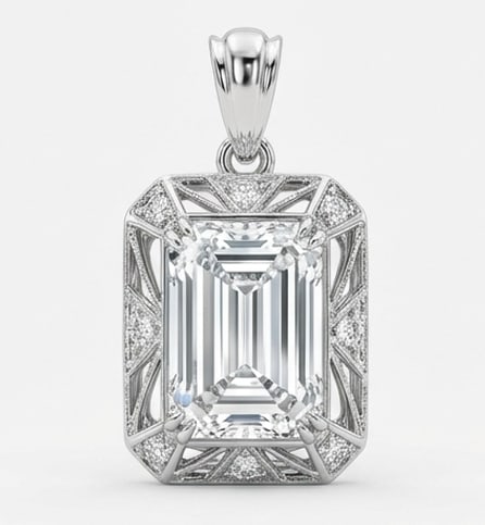 2.00 CT Lab grown diamond Lab-Grown Pendent in White Gold: An exceptional 2.00 carat lab-grown lab grown diamond pendent, expertly crafted in luxurious White Gold. The emerald cut art deco halo design highlights the brilliance of the lab-grown center stone,