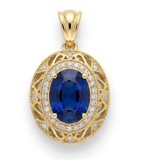 5.00 CT Sapphire Lab-Grown Pendent in Yellow gold: An exceptional 5.00 carat lab-grown sapphire pendent, expertly crafted in luxurious Yellow gold. The oval cut vintage halo design highlights the brilliance of the lab-grown center stone, accented with