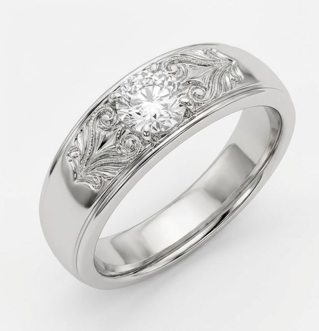 2.00 CT Lab grown diamond Lab-Grown Ring in White Gold: An exceptional 2.00 carat lab-grown lab grown diamond ring, expertly crafted in luxurious White Gold. The wide band with engraved sides design highlights the brilliance of the lab-grown center stone,