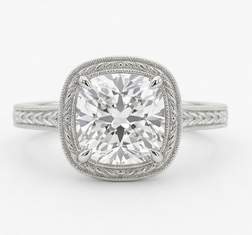4.00 CT Lab grown diamond Lab-Grown Ring in White Gold: An exceptional 4.00 carat lab-grown lab grown diamond ring, expertly crafted in luxurious White Gold. The cushion cut with vintage engraved band design highlights the brilliance of the lab-grown
