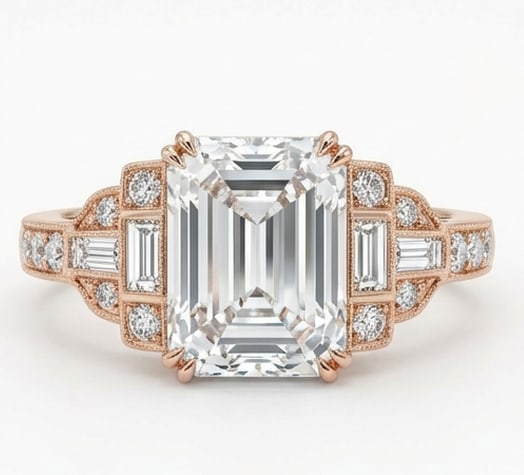 4.00 CT Lab grown diamond Lab-Grown Ring in Rose gold: An exceptional 4.00 carat lab-grown lab grown diamond ring, expertly crafted in luxurious Rose gold. The emerald cut art deco with geometric shoulders design highlights the brilliance of the